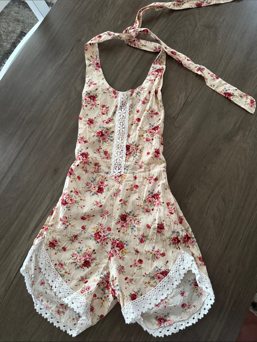 Bailey’s Blossom Cream Floral Lace Halter Romper
